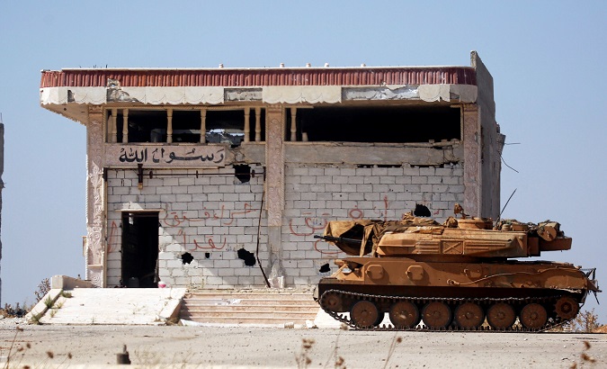 A Syrian army military tank is seen in the town of Morek, Hama district, Syria August 24, 2019.