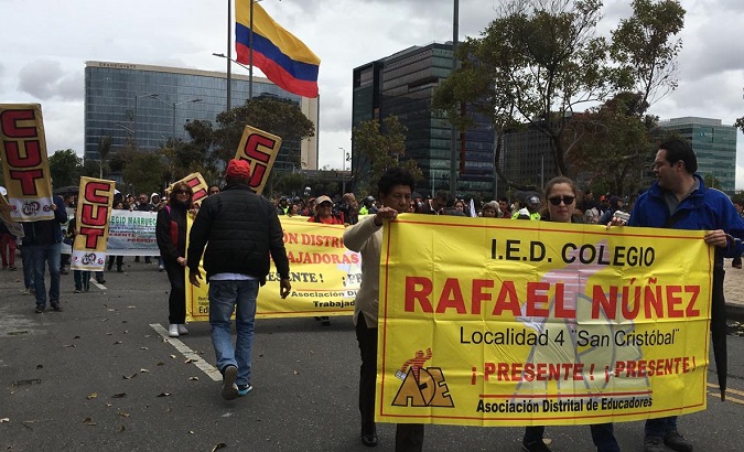 Teachers marching towards the Education Ministry in Bogota, Colombia, August 28, 2019.