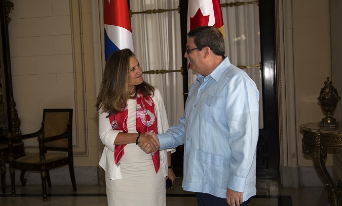 Canadian Foreign Minister Chrystia Freeland shakes hands with her Cuban counterpart Bruno Rodriguez during a meeting in Havana, Cuba August 28, 2019
