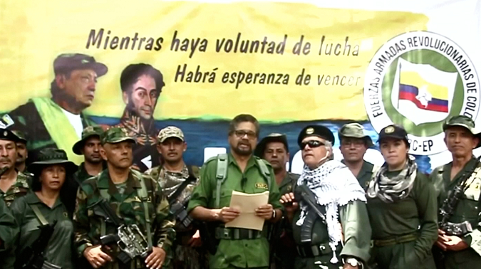 Former FARC Commander Ivan Marquez reads a statement that they will return to the guerrilla. Aug. 29 2019