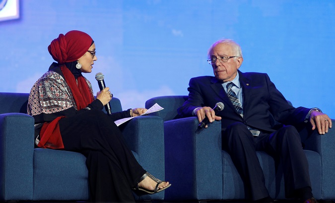 U.S. Democratic presidential candidate Bernie Sanders with Debbie Almontaser, founding principal of Khalil Gibran International Acedamy at the Islamic Society of North America's Convention in Houston, Texas, U.S. August 31, 2019.