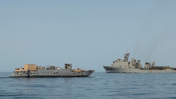 A Landing Craft Utility approaches the well deck of the amphibious dock landing ship USS Harpers Ferry (LSD 49), in Gulf of Aden, in this picture taken August 15, 2019 and released by U.S. Air Force on September 3, 2019.