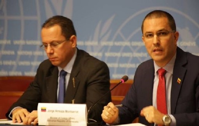 Venezuelan FM Jorge Arreaza speaks during a press conference at the U.N. Human Rights Council.