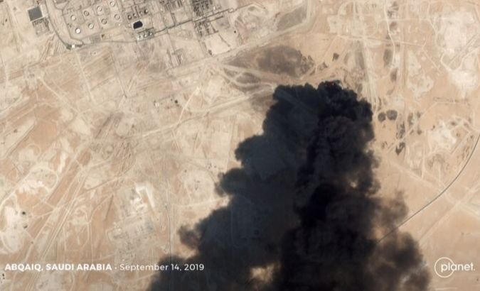 A satellite image shows an apparent drone strike on an Aramco oil facility in Abqaiq, Saudi Arabia September 14, 2019.