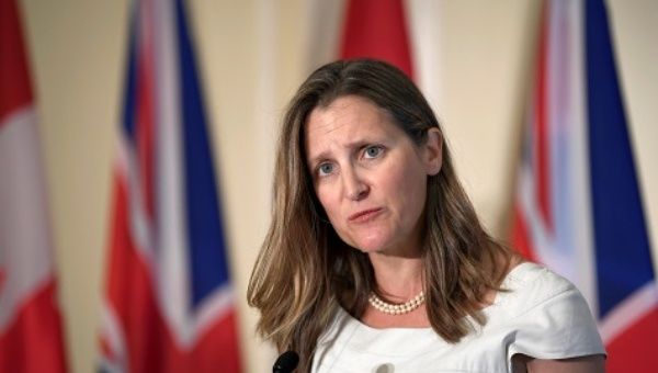 Town hall with Canadian Foreign Affairs Minister Chrystia Freeland was cut short Sunday after protests.