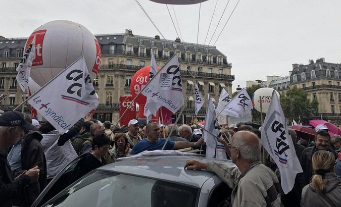 Workers and retirees in a demonstration against the reform of the pension system in France, Sep. 24, 2019.