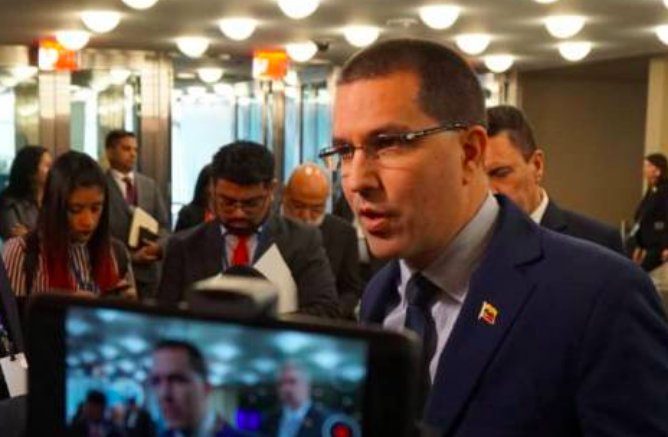 Venezuelan Foreign Minister Jorge Arreaza speaks with reporters in New York at U.N. General Assembly meetings. Sept. 25, 2019
