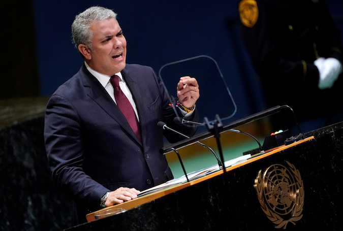 Colombia's President Ivan Duque addresses the 74th session of the United Nations General Assembly at U.N. headquarters in New York City, New York, U.S., September 25, 2019.