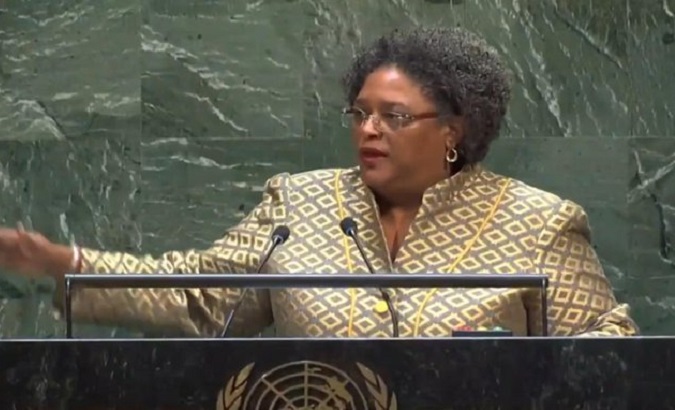 Prime Minister of Barbados Mia Amor Mottley at her speech at the United Nations General Assambly in New York, U.S., Sep. 27, 2019.