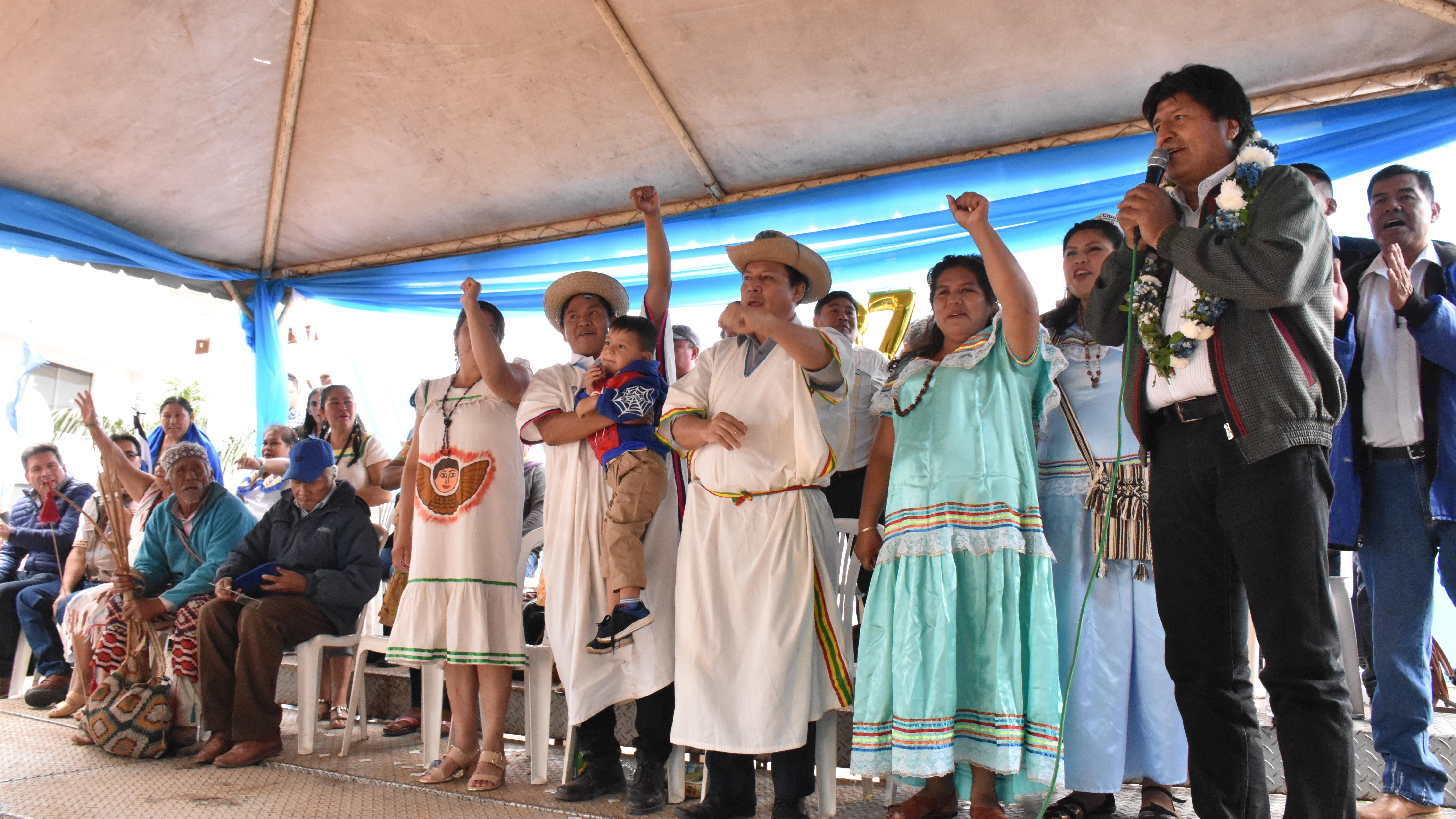 Evo Morales with Indigenous supporters in Santa Cruz