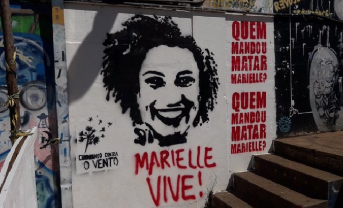 Mural depicting late leftist activist Marielle Franco at the Sao Carlos Federal University, Sao Paulo, Brazil, Oc. 4, 2019.