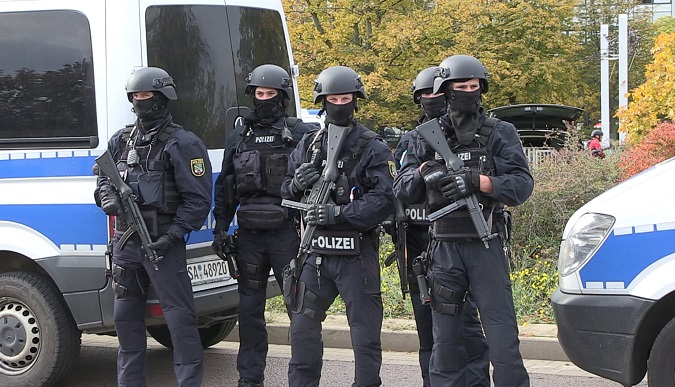Police secures the area after a shooting in the eastern German city of Halle on October 9, 2019.