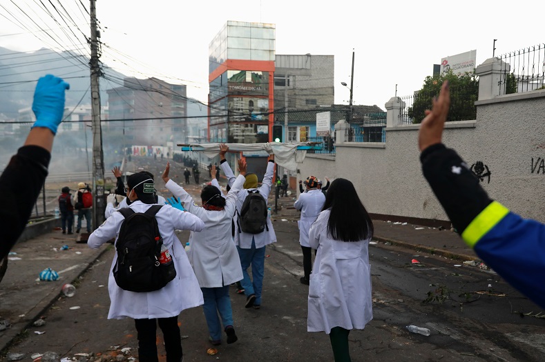 Medical students join anti-IMF protests next to the Isidro Ayora Hospital, nearby the National Assembly, in Quito, Ecuador October 11, 2019.