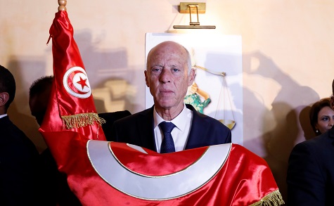 Tunisian presidential candidate Kais Saied after exit poll results were announced in a second round runoff of the presidential election in Tunis.