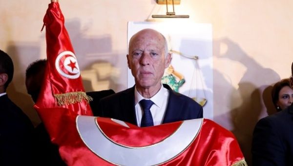 Tunisian presidential candidate Kais Saied after exit poll results were announced in a second round runoff of the presidential election in Tunis.