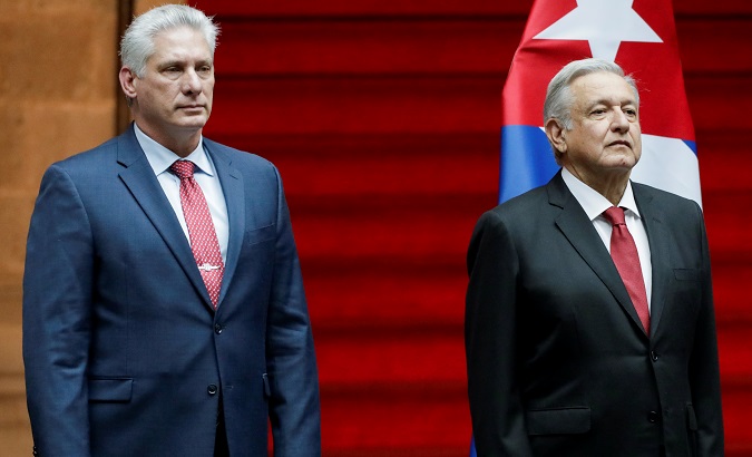 President Andres Manuel Lopez Obrador (L) and his Cuban counterpart Miguel Diaz-Canel at National Palace in Mexico City, Mexico, Oct. 17, 2019.