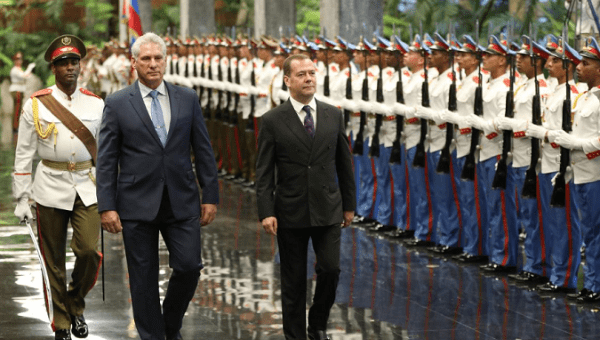 Cuba's President Miguel Diaz-Canel and Russia's Prime Minister Dmitry Medvedev during a ceremony at the Revolution Palace in Havana, Cuba, October 3, 2019.