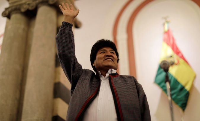 Bolivia's President and presidential candidate Evo Morales of the Movement Toward Socialism (MAS) reacts after the results for the first round of the country's presidential election were announced, in La Paz, Bolivia October 20, 2019.