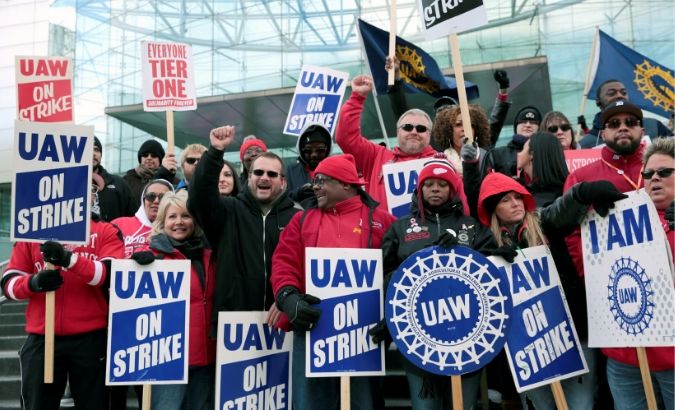 Striking United Auto Workers (UAW) members rally in front of General Motors World headquarters in Detroit, Michigan, U.S., October 17, 2019.