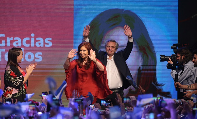Presidential candidate Alberto Fernandez and running mate former President Cristina Fernandez de Kirchner celebrate after election results in Buenos Aires, Argentina Oct. 27, 2019.