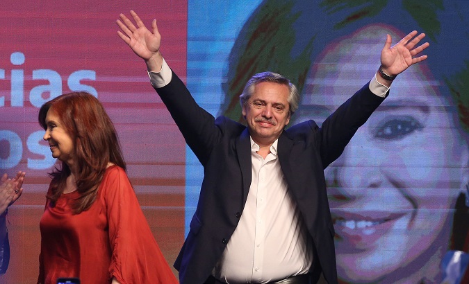 Alberto Fernandez and Cristina Fernandez celebrate after election results in Buenos Aires, Argentina Oct. 27, 2019.