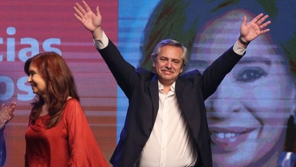 Alberto Fernandez and Cristina Fernandez celebrate after election results in Buenos Aires, Argentina Oct. 27, 2019.