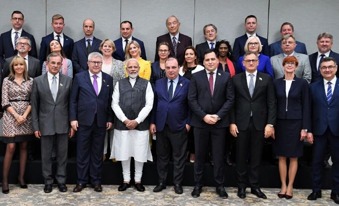 India's Prime Minister Narendra Modi poses for a picture with a delegation of members of the European Parliament after their meeting in New Delhi, India, October 28, 2019.
