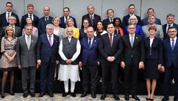 India's Prime Minister Narendra Modi poses for a picture with a delegation of members of the European Parliament after their meeting in New Delhi, India, October 28, 2019.