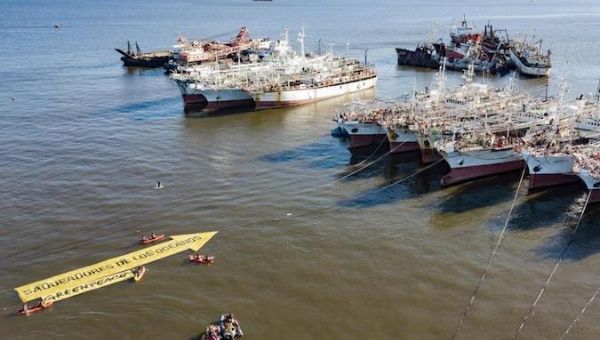 Greenpeace activists in the port of Montevideo on Thursday.