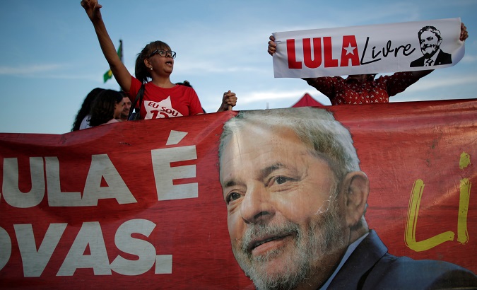 Supporters of Luiz Inacio Lula da Silva protest outside the Supreme Court in Brasilia, Brazil, Nov. 7, 2019.