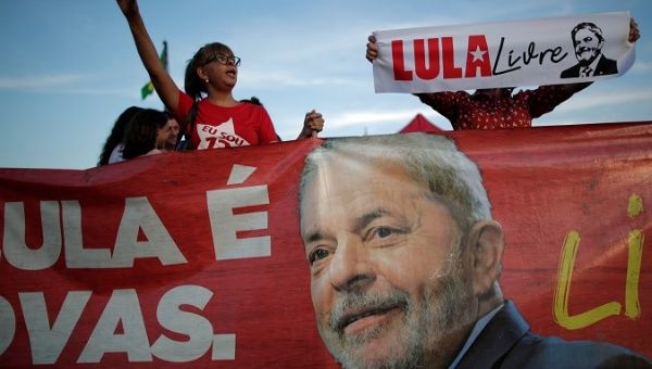Supporters of Luiz Inacio Lula da Silva protest outside the Supreme Court in Brasilia, Brazil, Nov. 7, 2019.