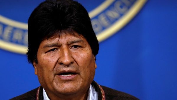 Bolivia's President Evo Morales addresses the media at the presidential hangar in the Bolivian Air Force terminal in El Alto, Bolivia, November 10, 2019.