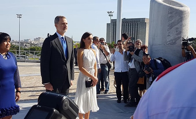 King Felipe VI and Queen Letizia deposit a floral offering to Jose Marti in the Plaza de la Revolución, Havana, Cuba, Nov. 12, 2019.