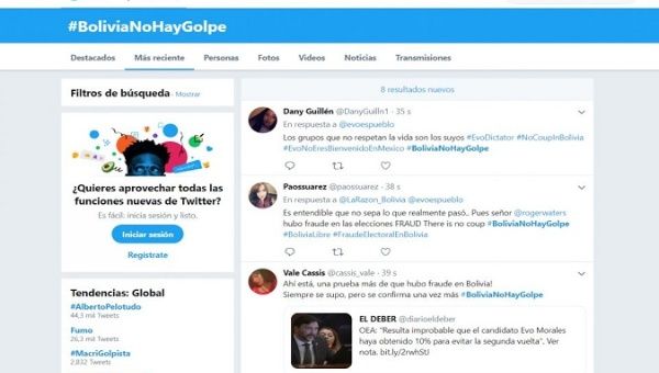 With hashtags such as #EvoAsesino, #EvoDictador or #EvoEsFraude, the messages of these accounts denounced that the first indigenous president is a corrupt and accused him of having 