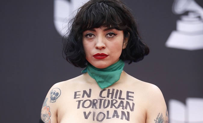 Mon Laferte wears the message 'In Chile they torture, rape and kill' on her body, Nov. 14, 2019.