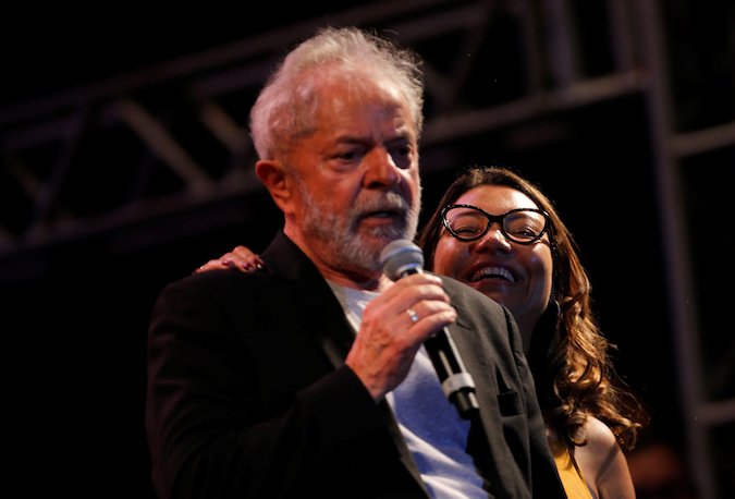 Former Brazil president Luiz Inacio Lula da Silva speaks next to his girlfriend Rosangela da Silva at a rally in Recife, Brazil November 17, 2019.