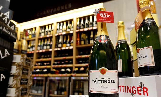 Taittinger champagne bottles are displayed at a Nicolas French wine specialist store in Paris, France, Dec. 21, 2016.