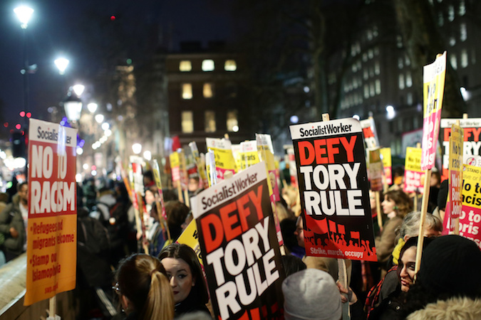 Protesters demonstrate at Downing Street following the result of the general election in London, Britain, December 13, 2019.