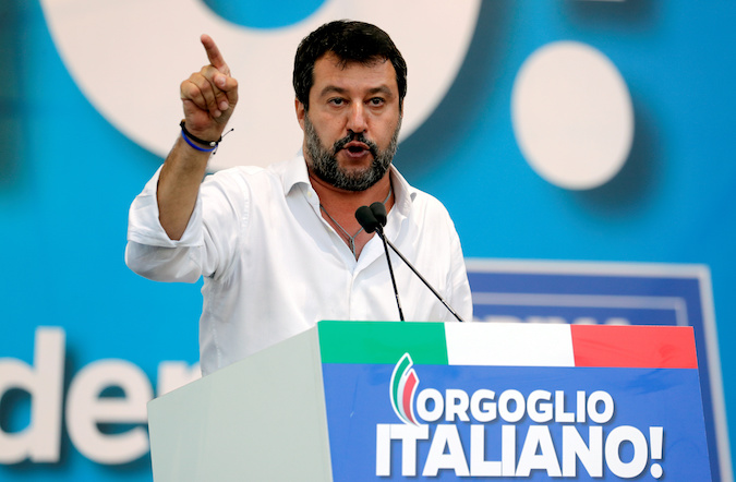 League party leader Matteo Salvini speaks during an anti-government demonstration in Rome, Italy, October 19, 2019.