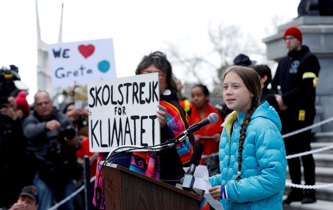 Swedish climate change teen activist Greta Thunberg speaks during a climate strike at the Alberta Legislature in Edmonton, Alberta, Canada October 18, 2019.