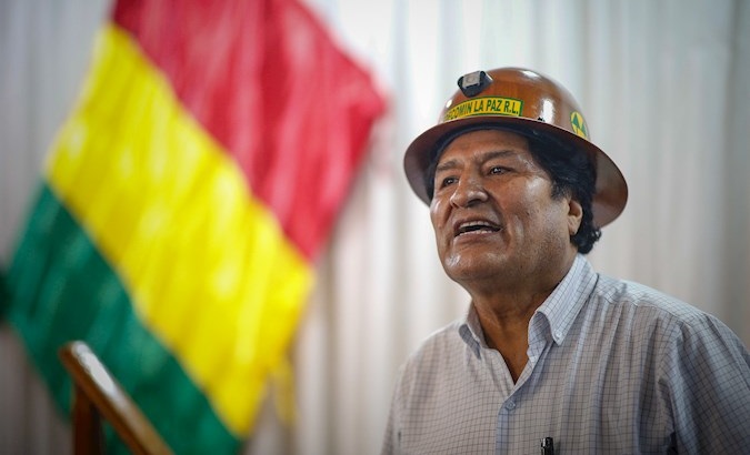 Bolivia's President in exile Evo Morales at a meeting with the Movement Towards Socialism leaders, Buenos Aires, Argentina, Dec. 29, 2019.