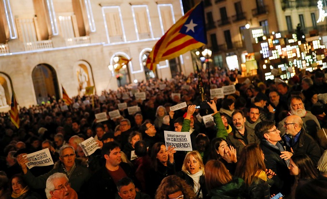 People demonstrate in support of Catalan leader Quim Torra, in Barcelona, Spain January 3, 2020.