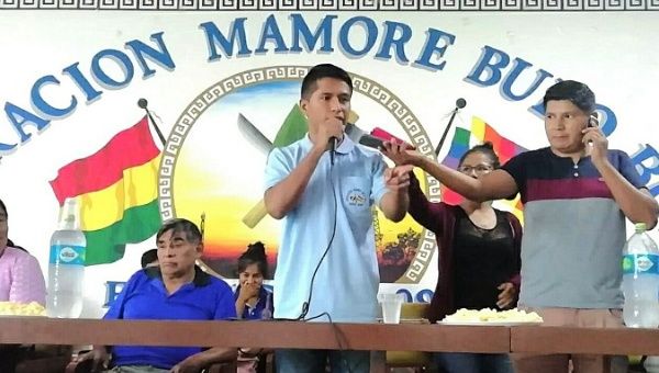 Andronico Rodriguez (C) at a political meeting in Chimore, Bolivia, May 18, 2019.