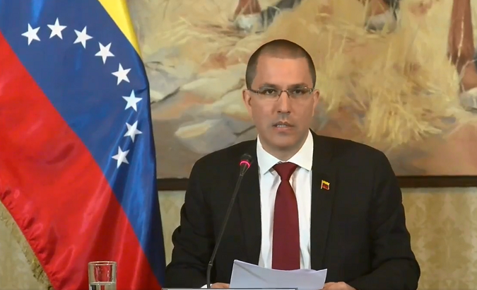 Foreign Minister Jorge Arreaza at a press conference at La Casa Amarilla in Caracas, Venezuela, January 9, 2020.