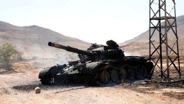 A destroyed and burnt tank that belonged to the eastern forces led by Khalifa Haftar, is seen in Gharyan south of Tripoli Libya June 27, 2019. 