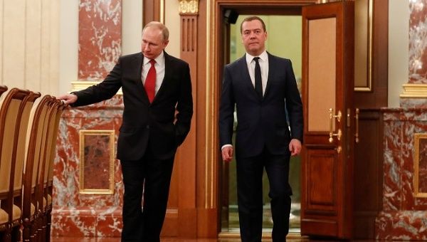 President Vladimir Putin (L) and Prime Minister Dmitry Medvedev (R) in Moscow, Russia Jan. 15, 2020.