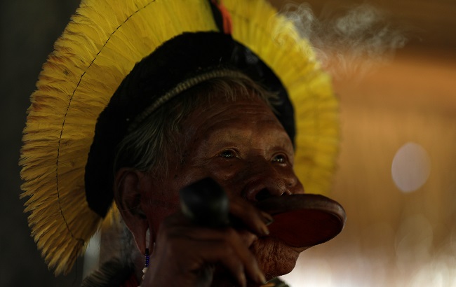 Indigenous leader Cacique Raoni of Kayapo tribe, attends a four-day pow wow in Piaracu village, in Xingu Indigenous Park, near Sao Jose do Xingu, Mato Grosso state, Brazil, January 14, 2020.