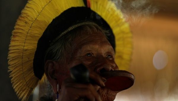Indigenous leader Cacique Raoni of Kayapo tribe, attends a four-day pow wow in Piaracu village, in Xingu Indigenous Park, near Sao Jose do Xingu, Mato Grosso state, Brazil, January 14, 2020. 