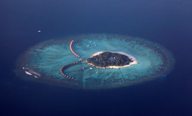An areal view shows a resort island in the Maldives, Dec.14, 2009.