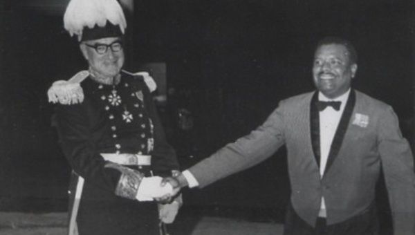 Prime Minister Errol Barrow and Governor Stow after lowering the Union Jack and raising the Barbados flag at a ceremony in Bridgetown.